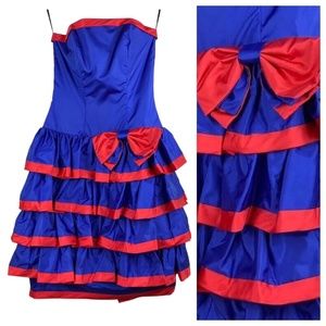 Vtg 80s Antonia Collection Dress 4 Small Tiered Ruffle Blue Red Strapless Formal